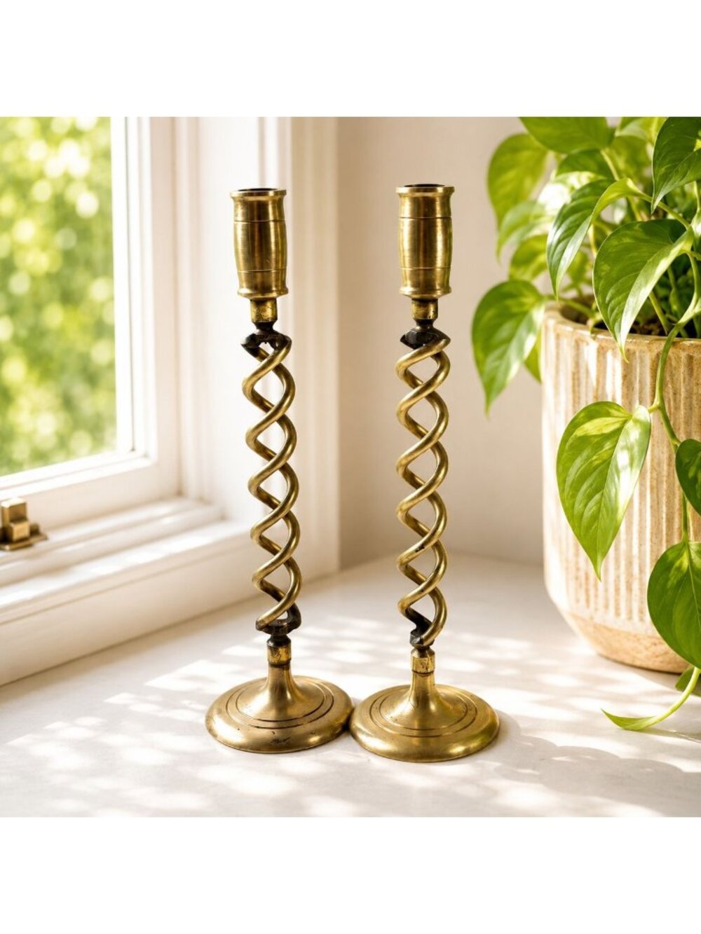 Vintage Brass Spiral Candlestick Holders Pair 11" MCM Brutalist Decorative Table